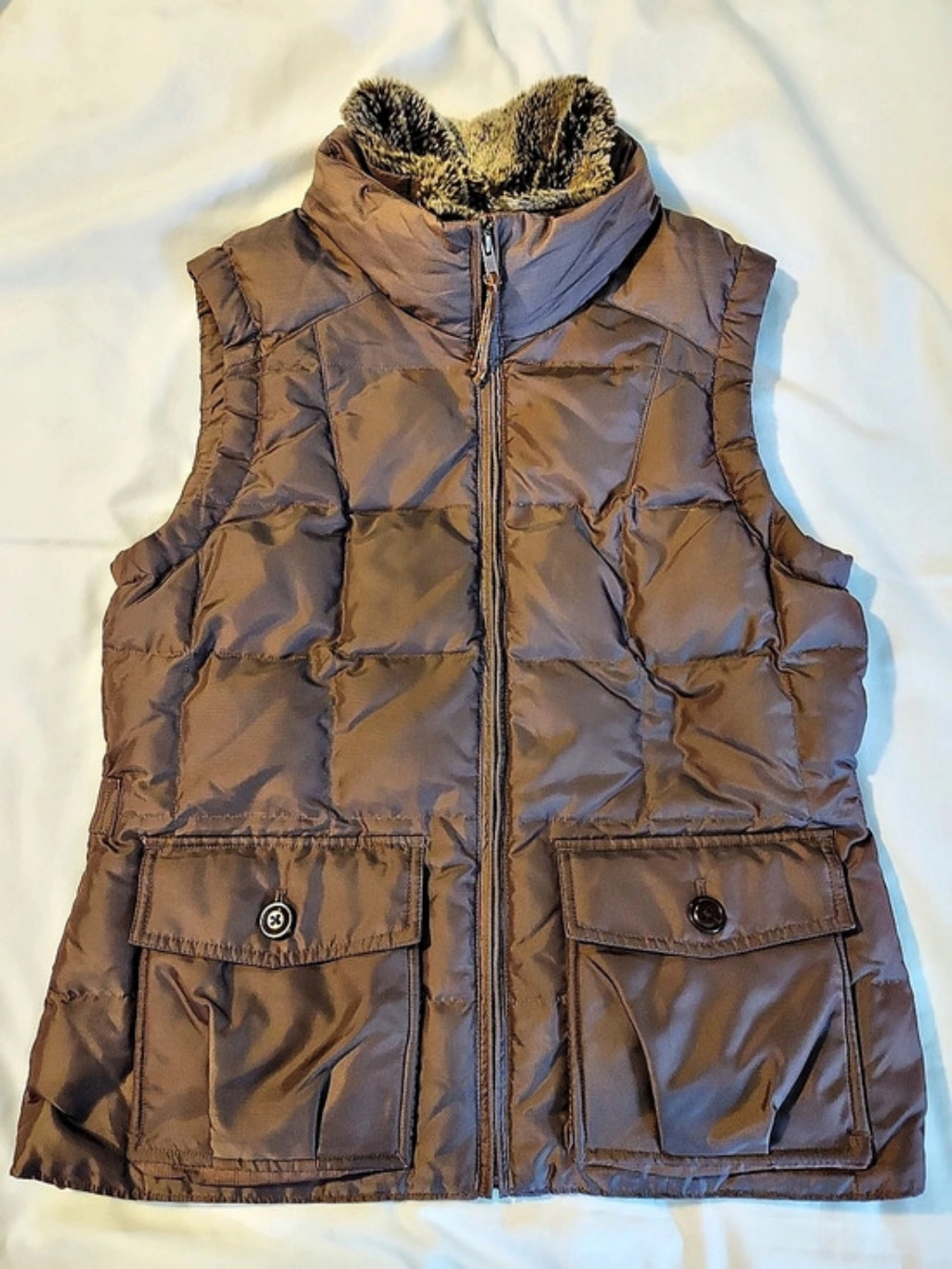 Eddie Bauer Yukon 550 Down Puffer Vest Faux Fur Collar Brown Size L
